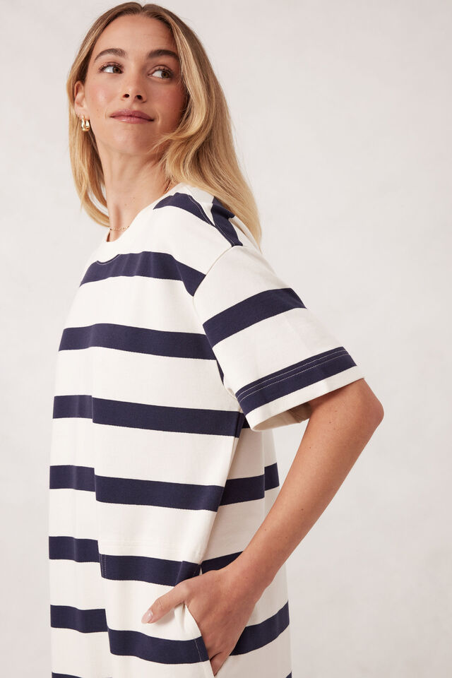 Charlotte Midi Terry Dress, WHITE NAVY BOLD STRIPE