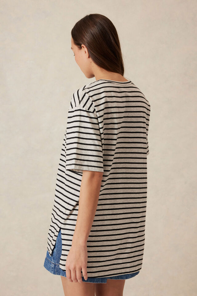 Longline Step Hem Tee, CLOUD MARLE/BLACK STRIPE