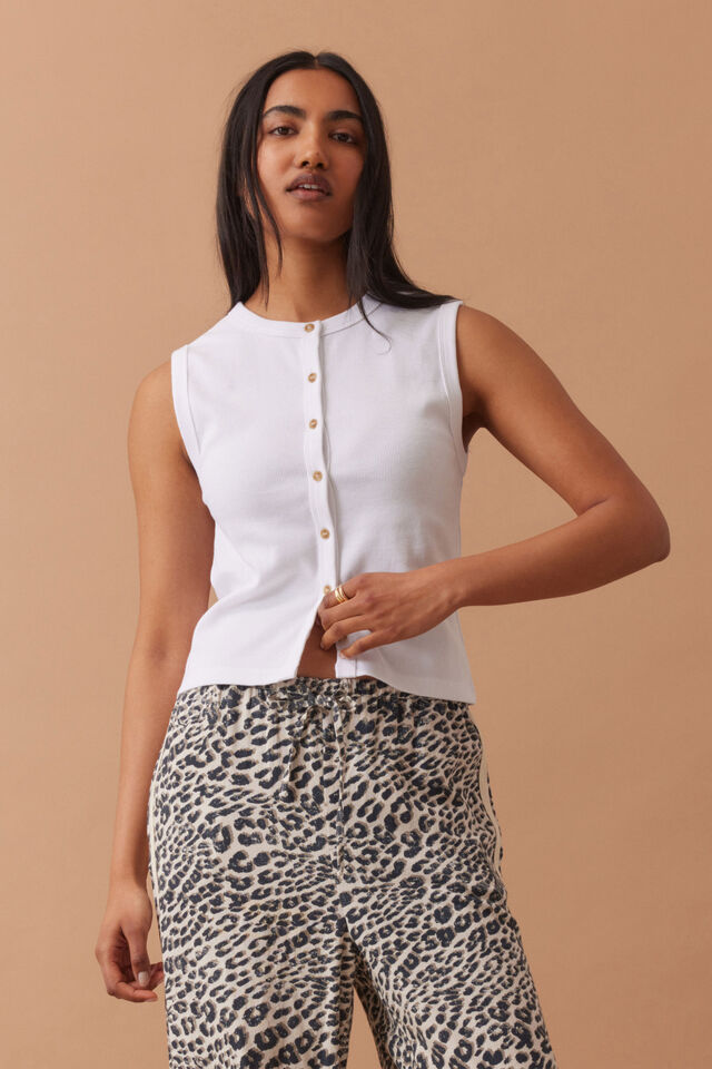 Lyla Button Through Rib Tank, WHITE