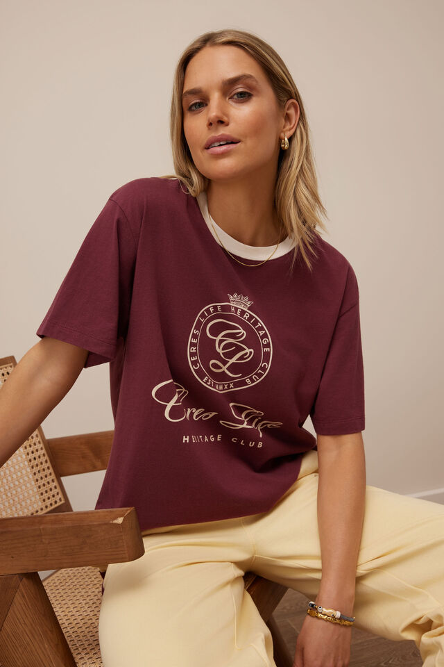 Stevie Slouchy Tee, WASHED BURGUNDY/CLUB LOGO