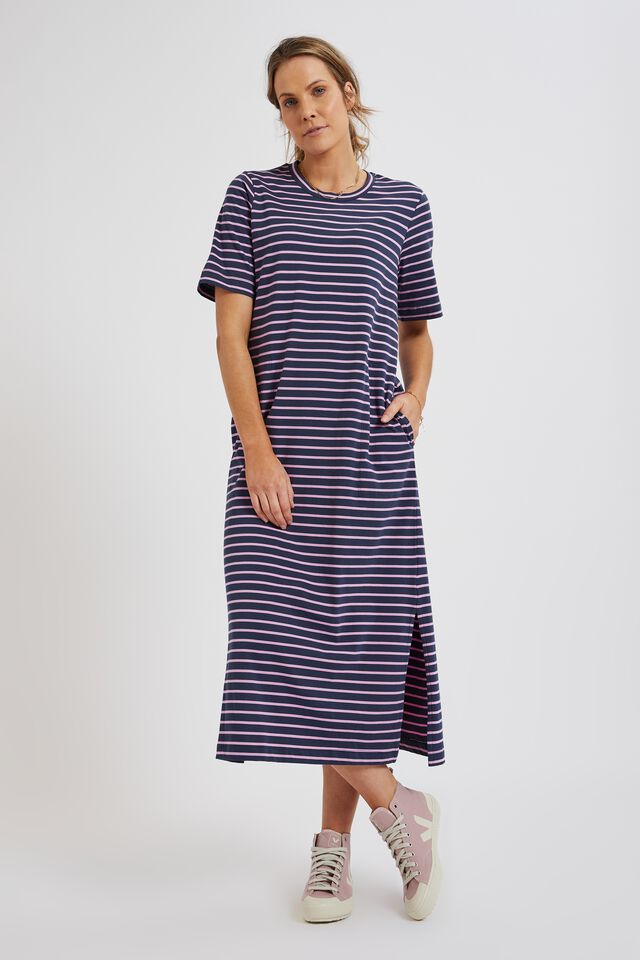 Short Sleeve Midi Dress In Organic Cotton, SMOKE BLUE/ MUSK FINE