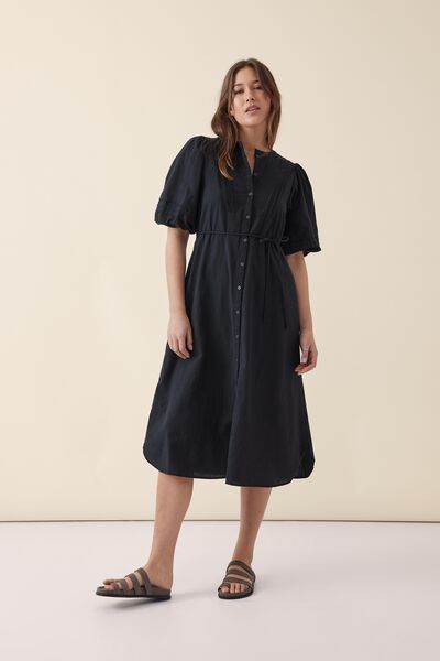 Pintuck Midi Dress In Cotton Linen Blend, BLACK
