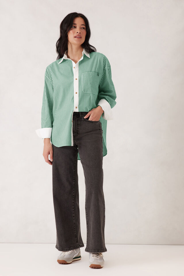 Peta Oversized Shirt, KELLY GREEN STRIPE WHITE COLLAR