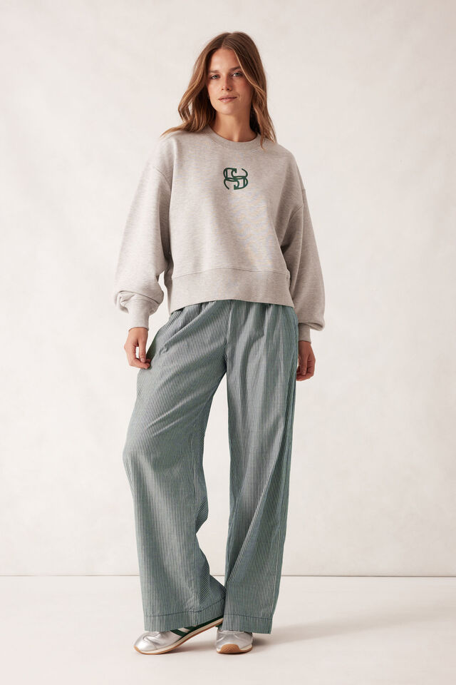 Cropped Slouchy Crew, GREY MARLE PINE GREEN LOGO