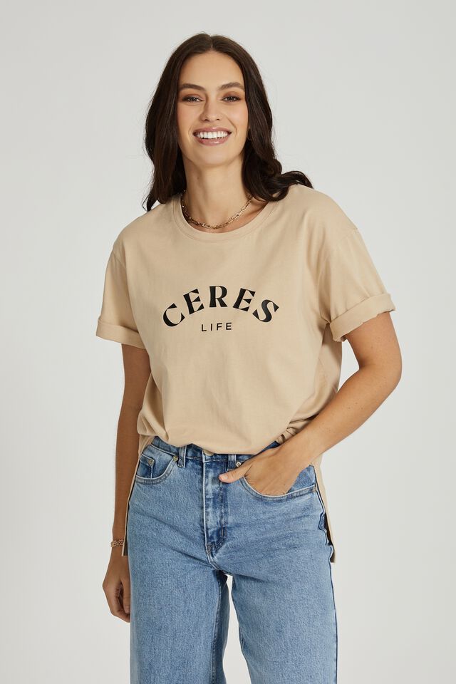 Organic Oversized Print Step Hem Tee, CAMELETTE