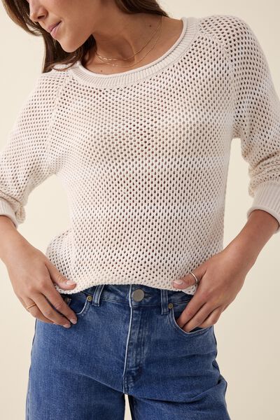 Mesh Knit Pullover In Organic Cotton, PARCHMENT AND WHITE