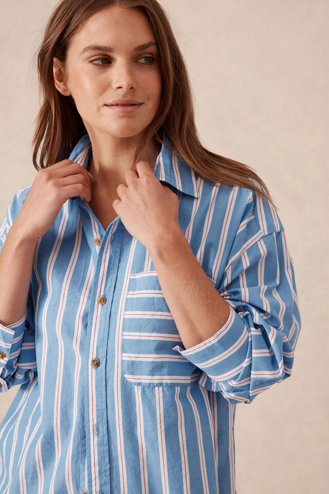Peta Oversized Shirt, BLUE WHITE RED STRIPE ORGANIC COTTON