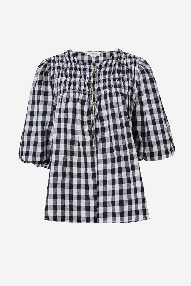 Shirred Tie Tunic In Cotton Linen Blend, BLACK WHITE GINGHAM