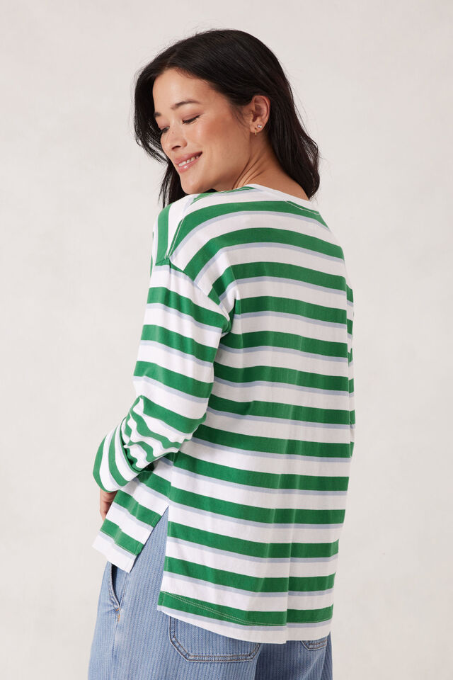 Slouchy Long Sleeve  Tee, KELLY GREEN STRIPE