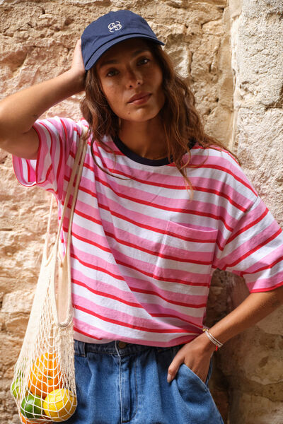 Boa Boxy Pocket Tee, HIBISCUS/HERITAGE RED STRIPE