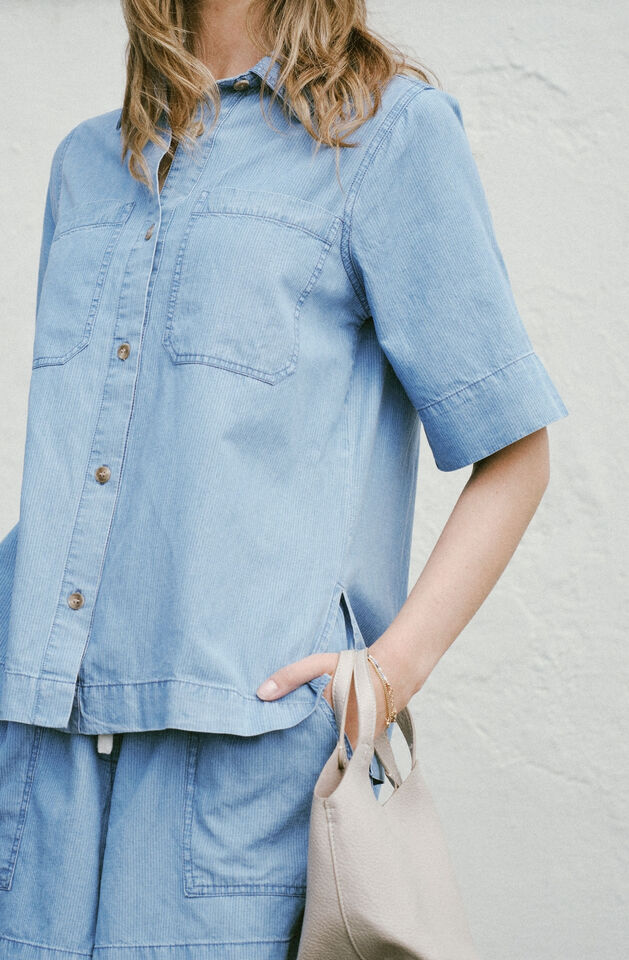 Relaxed Short Sleeve Shirt, VINTAGE BLUE PINSTRIPE