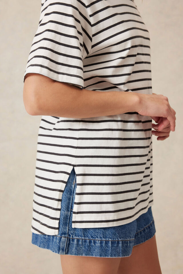 Longline Step Hem Tee, VANILLA /PHANTOM FINE STRIPE