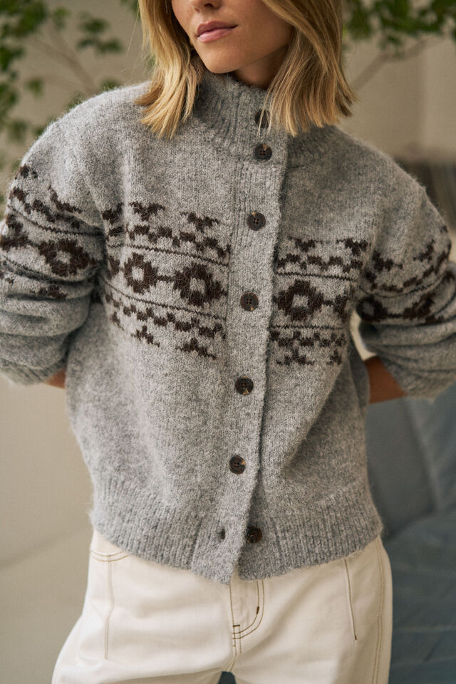 Orla Fair Isle Knit Cardi, GREY MARLE CHOC