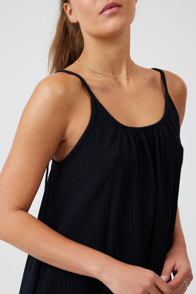 Doublecloth Strappy Midi Dress In Organic Cotton, BLACK
