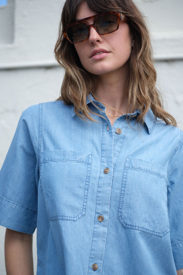 Relaxed Short Sleeve Shirt, VINTAGE BLUE PINSTRIPE