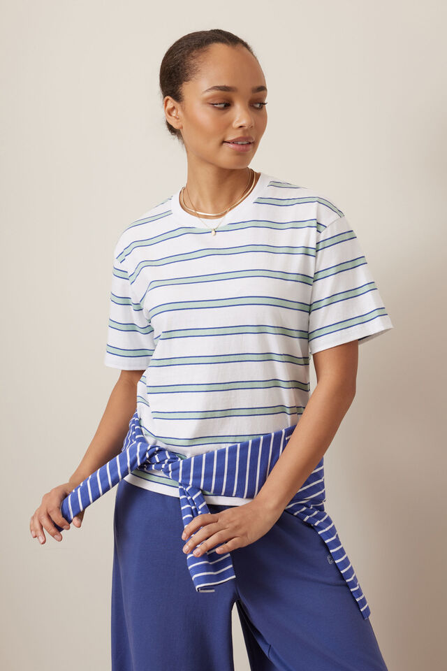 Stevie Slouchy Tee, WHITE/SEAFOAM STRIPE