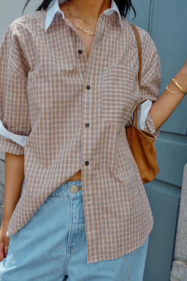 Peta Oversized Shirt, TOFFEE CHECK