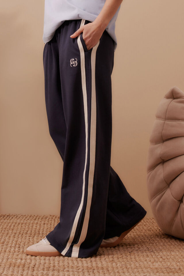 Gigi Wide Leg Terry Trackpant, NEW NAVY SIDE STRIPE