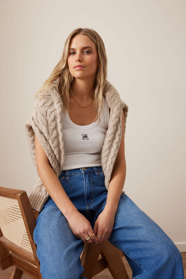 Zoe Contour Rib Scoop Tank, WHITE/BLACK MONOGRAM EMBROIDERY