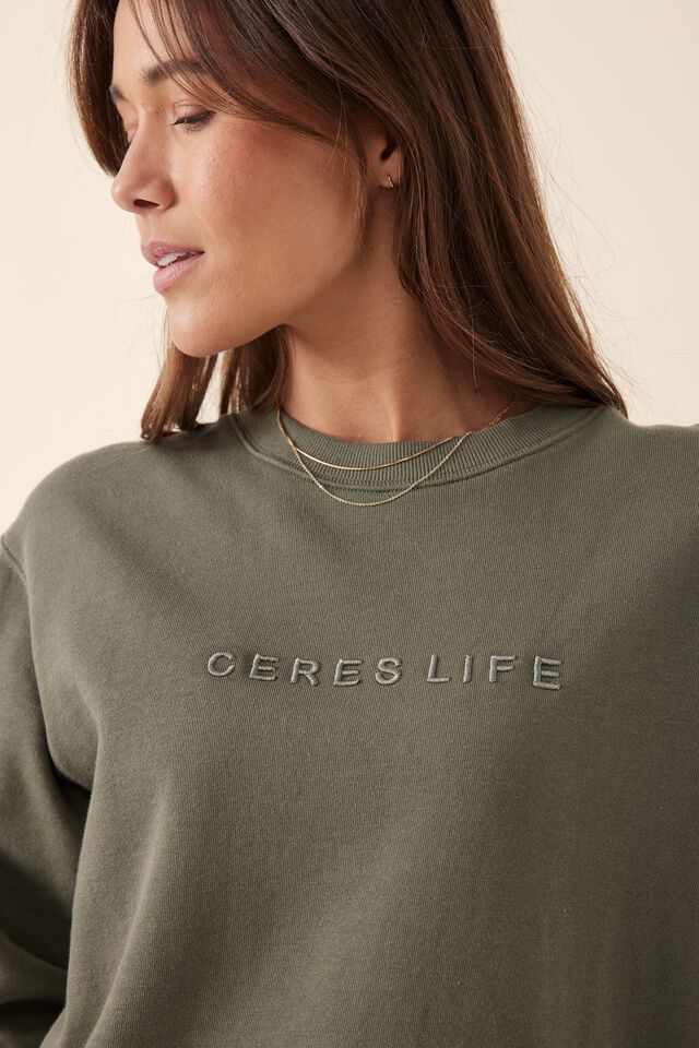 Slim Crew Embroidered Sweat In Organic Cotton, SOFT OLIVE