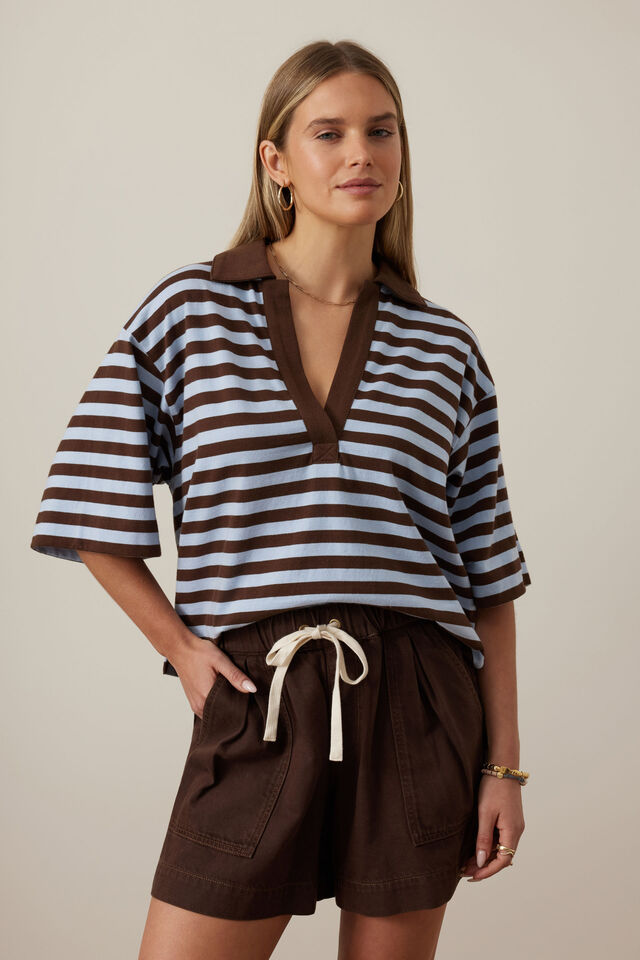 Arlie Short Sleeve Rugby, CHOC/CHALK STRIPE
