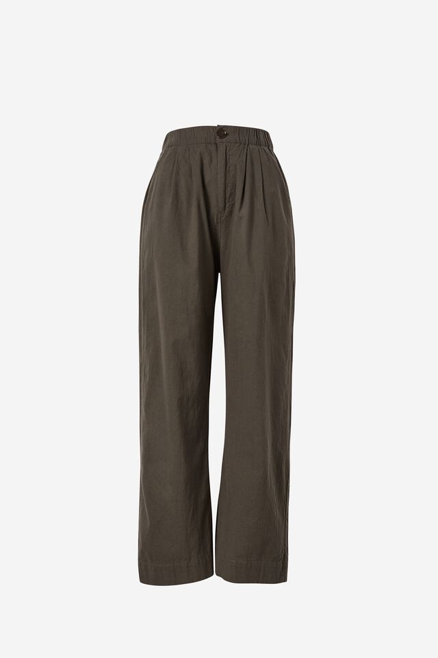 Wide Leg Pleat Front Pant In Cotton Linen Blend, MILITARY GREEN