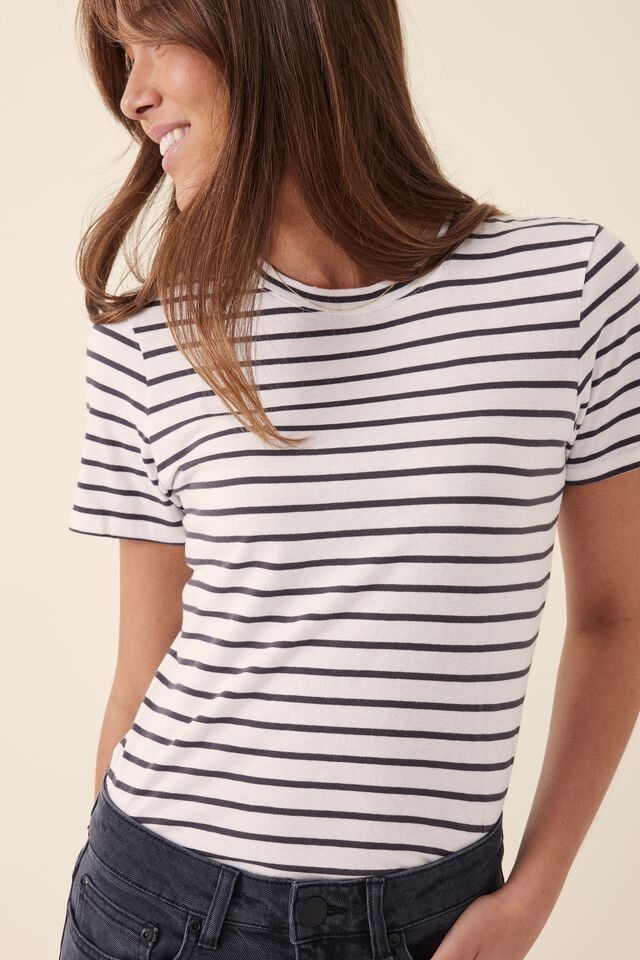 90 S Tee In Australian Cotton, VANILLA /PHANTOM FINE STRIPE
