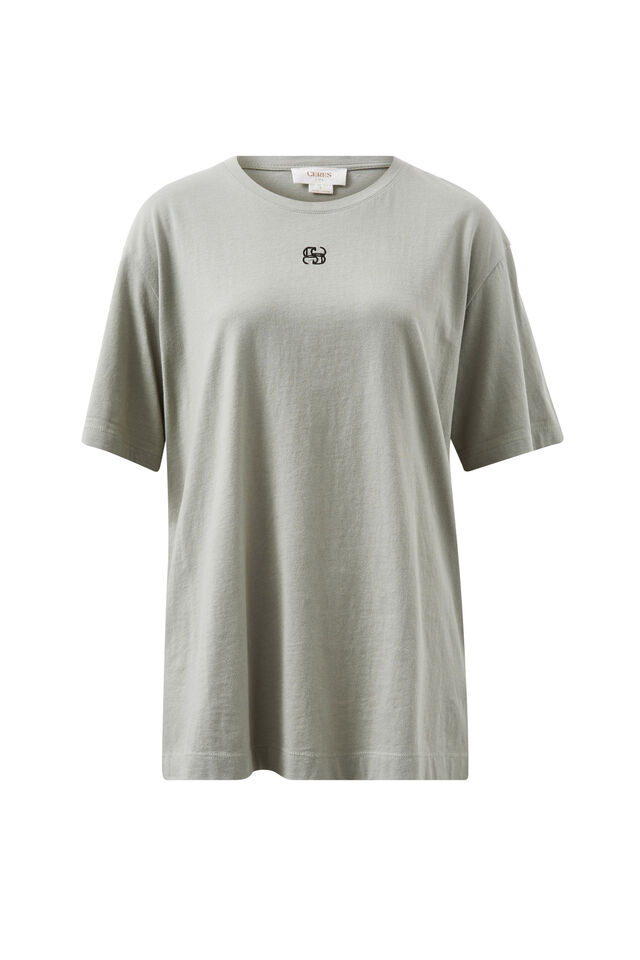 Longline Step Hem Tee, SOFT SAGE/ PHANTOM CERES MONOGRAM EMBROIDERY