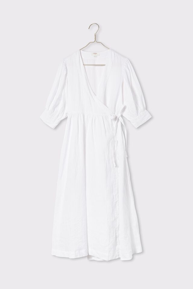 Linen Wrap Midi Dress, WHITE