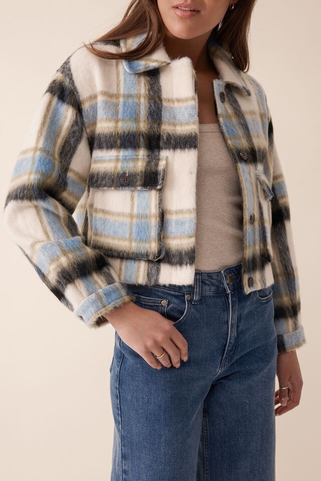 Jacqui Felgate Cropped Jacket In Wool Blend, BLUE GREEN CHECK