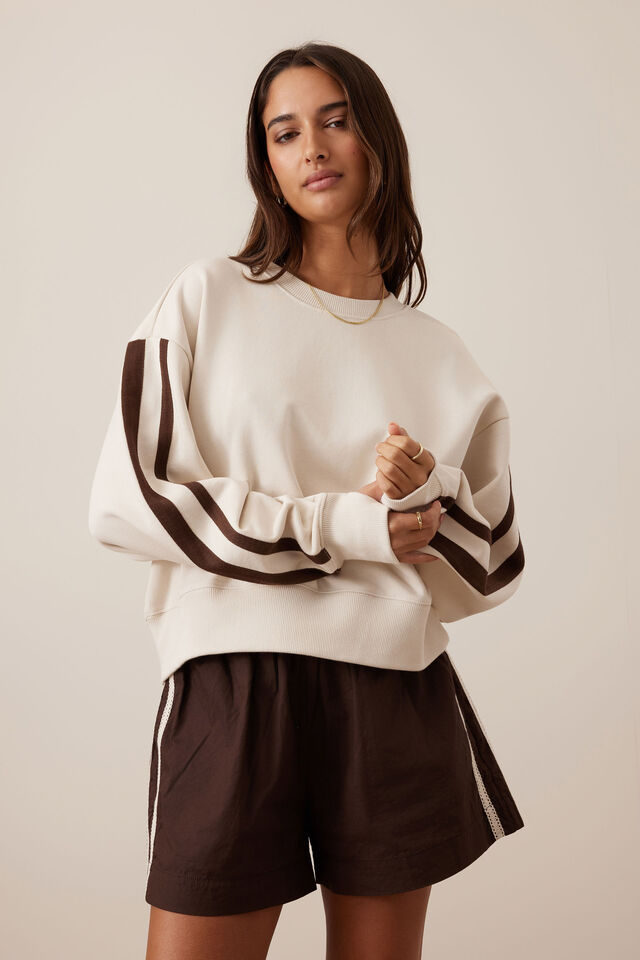 Sasha Sporty Slouchy Crew, BUFF CHOCOLATE SIDE STRIPE
