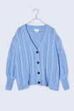 Deep V Cable Cardigan In Organic Cotton, BLUE SHADOW