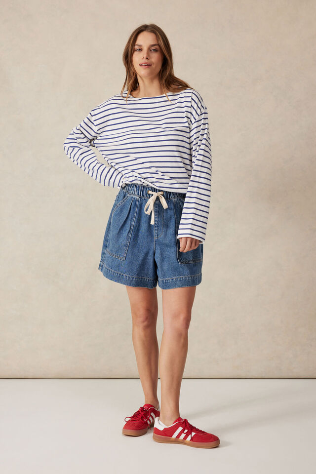 Slouchy Long Sleeve Boat Neck Tee, COLLEGE BLUE STRIPE