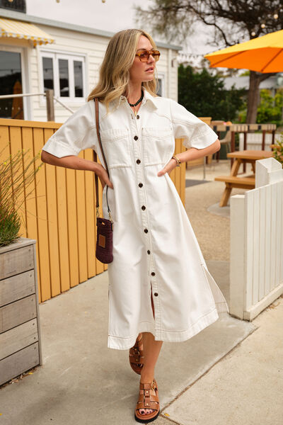 Ava Short Sleeve Midi Dress, FRESH ECRU TWILL