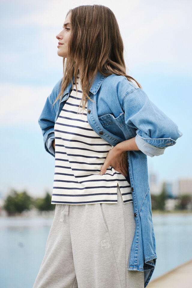 Maeve Longline Panelled Denim Shirt, MID VINTAGE BLUE