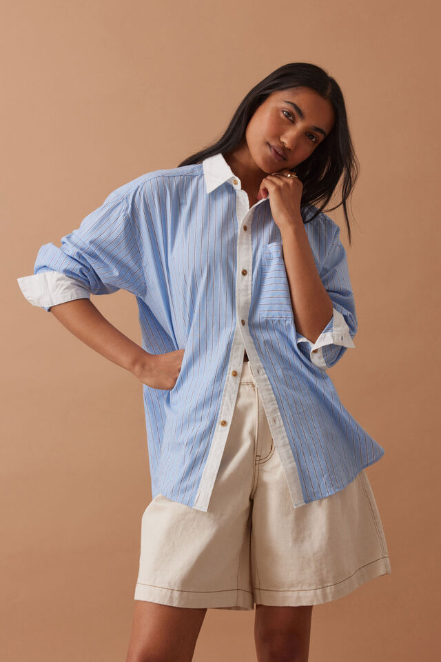 Peta Oversized Shirt, POWDER BLUE TRIPLE STRIPE
