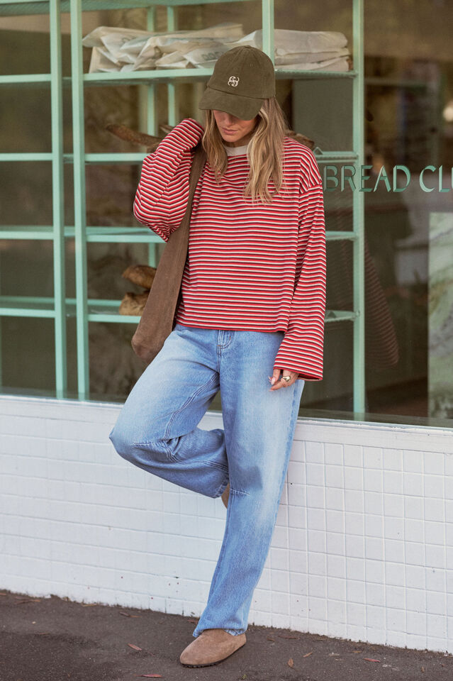 Beau Long Sleeve Slouchy Tee, MULBERRY/RED/STONE STRIPE