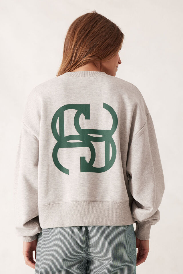 Cropped Slouchy Crew, GREY MARLE PINE GREEN LOGO