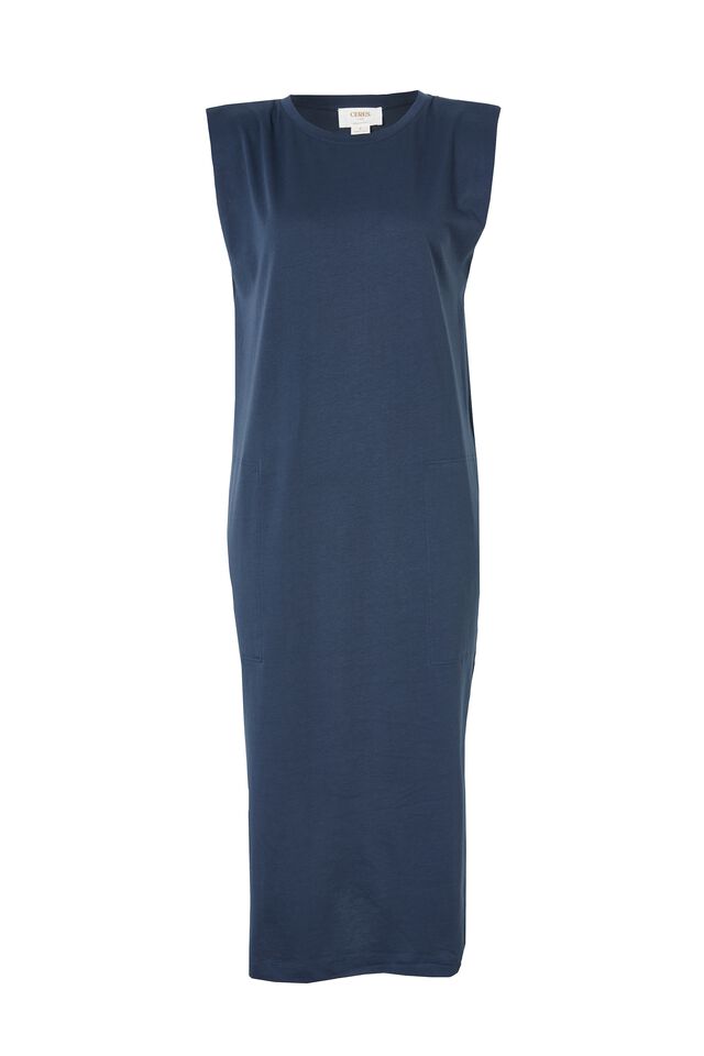 Shoulder Pad Midi Dress In Organic Cotton, SMOKE BLUE
