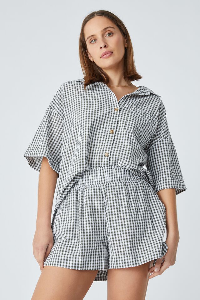 Relaxed Ruffle Short In Rescued Fabric, LEAD GINGHAM