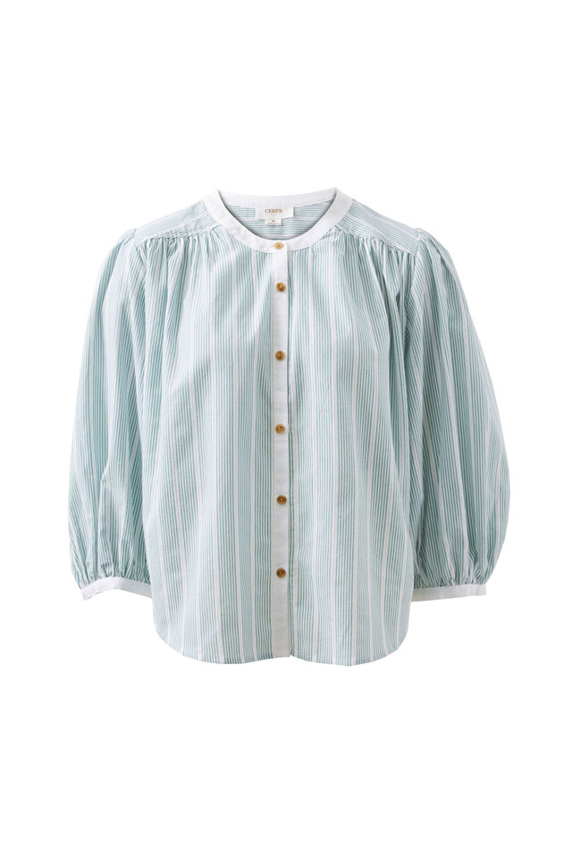 Woven Collarless Top, GREEN LADDER STRIPE