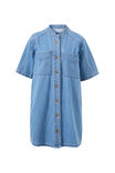 Collarless Relaxed Short Sleeve Denim Dress, VINTAGE BLUE - alternate image 2