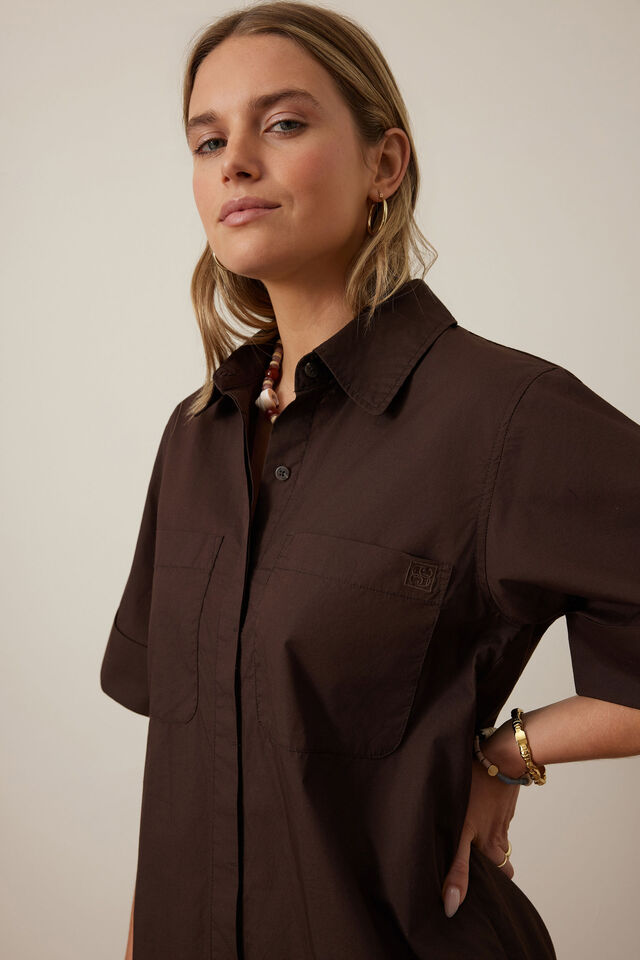 Sara Mini Shirt Dress, CHOCOLATE