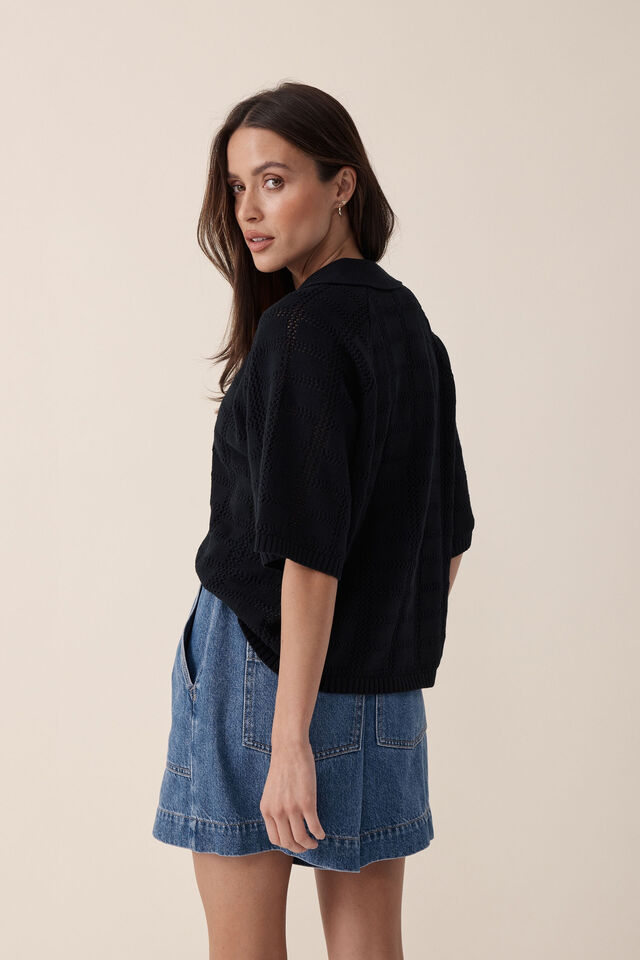 Short Sleeve Mesh Knit Pullover, BLACK