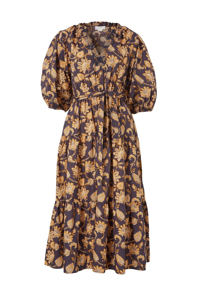 Puff Sleeve Midi Dress In Rescued Fabric, BLACK PAISLEY FLORAL
