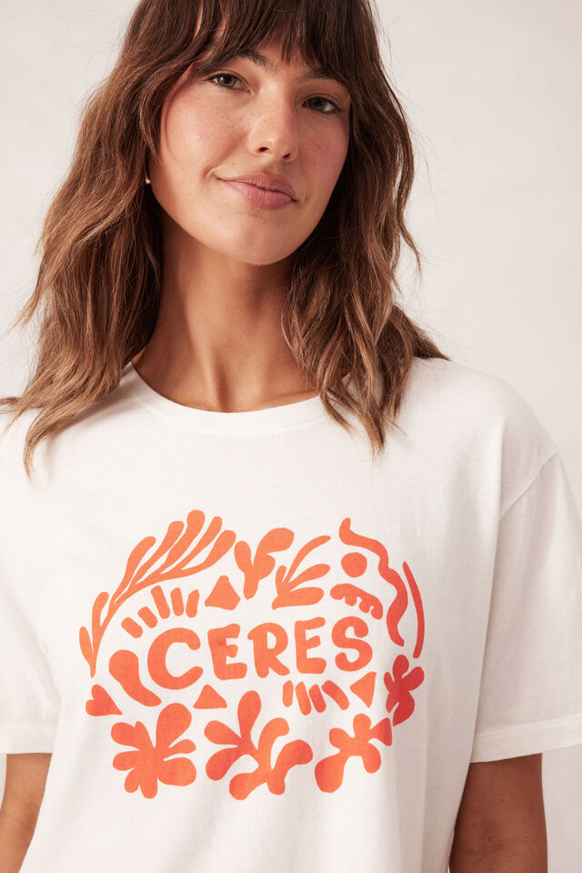 Stevie Slouchy Split Hem Tee, VANILLA/ RED PAPERCUT LOGO