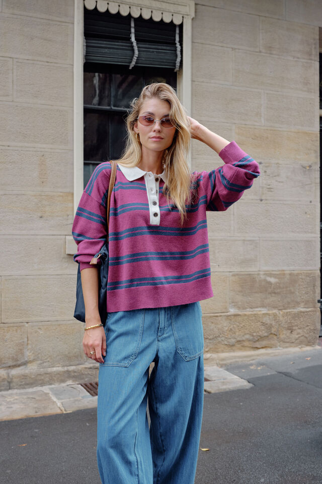 Jessa Rugby Knit, WASHED BURGUNDY STRIPE