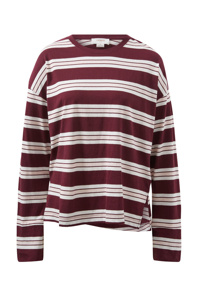 Slouchy Long Sleeve  Tee, RAISIN VANILLA STRIPE