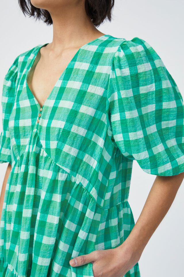 Check Smock Dress In Textured Organic Cotton, GREEN CHECK