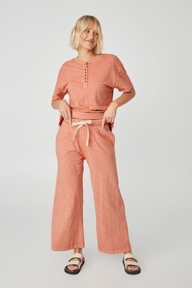 Organic Lounge Boxy Henley Tee, RUST NATURAL DYE